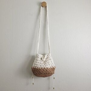 NEW Aerie Brown White Two-Tone Rope Crochet Braided Mini Bucket Bag